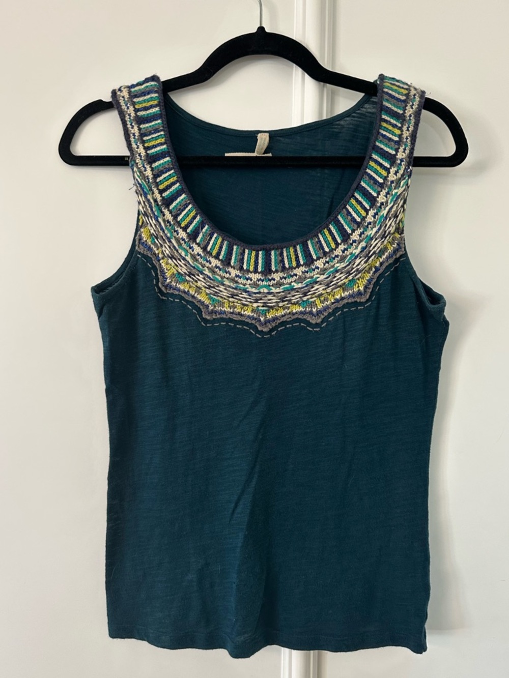 Anthropologie Embroidered Scoop Neck Tank Top - Teal